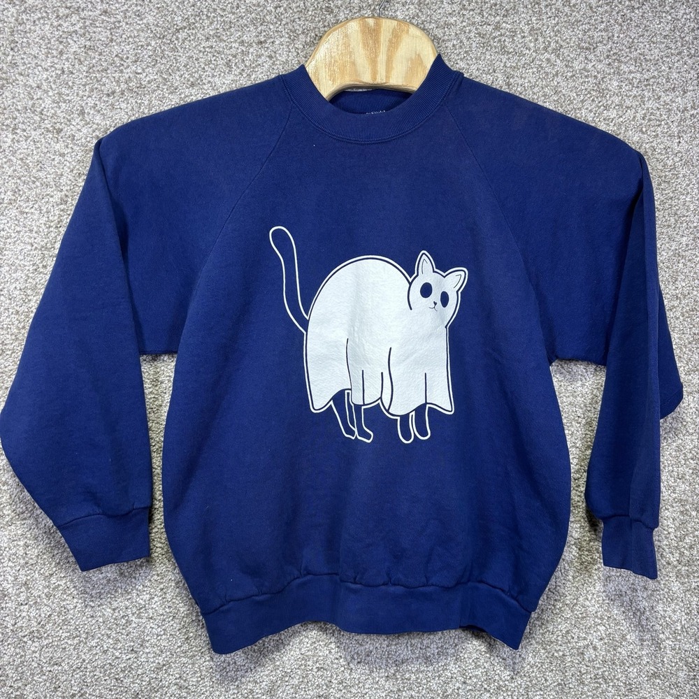 Vintage Fruit of the Loom Sweatshirt Mens Large Blue Ghost Cat Halloween 90s USA